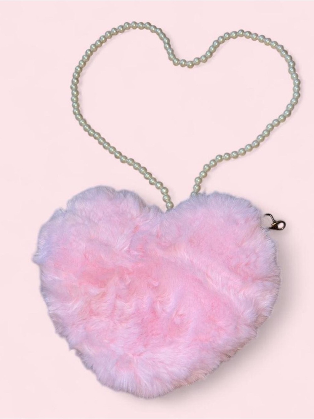Pink Heart Faux Fur Crossbody Bag - Pearl Strap